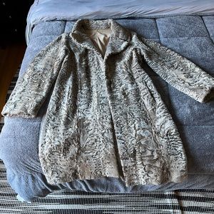 Karakul sheep real fur coat, knee length, tan color, size 8